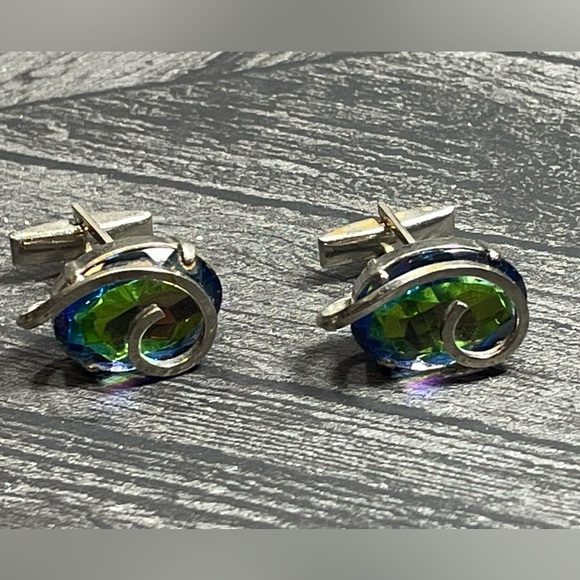 Vintage SWANK Cufflinks Silver-tone Swirl Watermelon Rhinestone - Picture 8 of 8